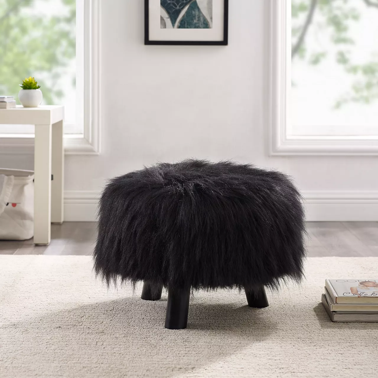 Bailey Black Faux Fur Ottoman Stool 2 Bailey Black Faux Fur Ottoman Stool - Image 2