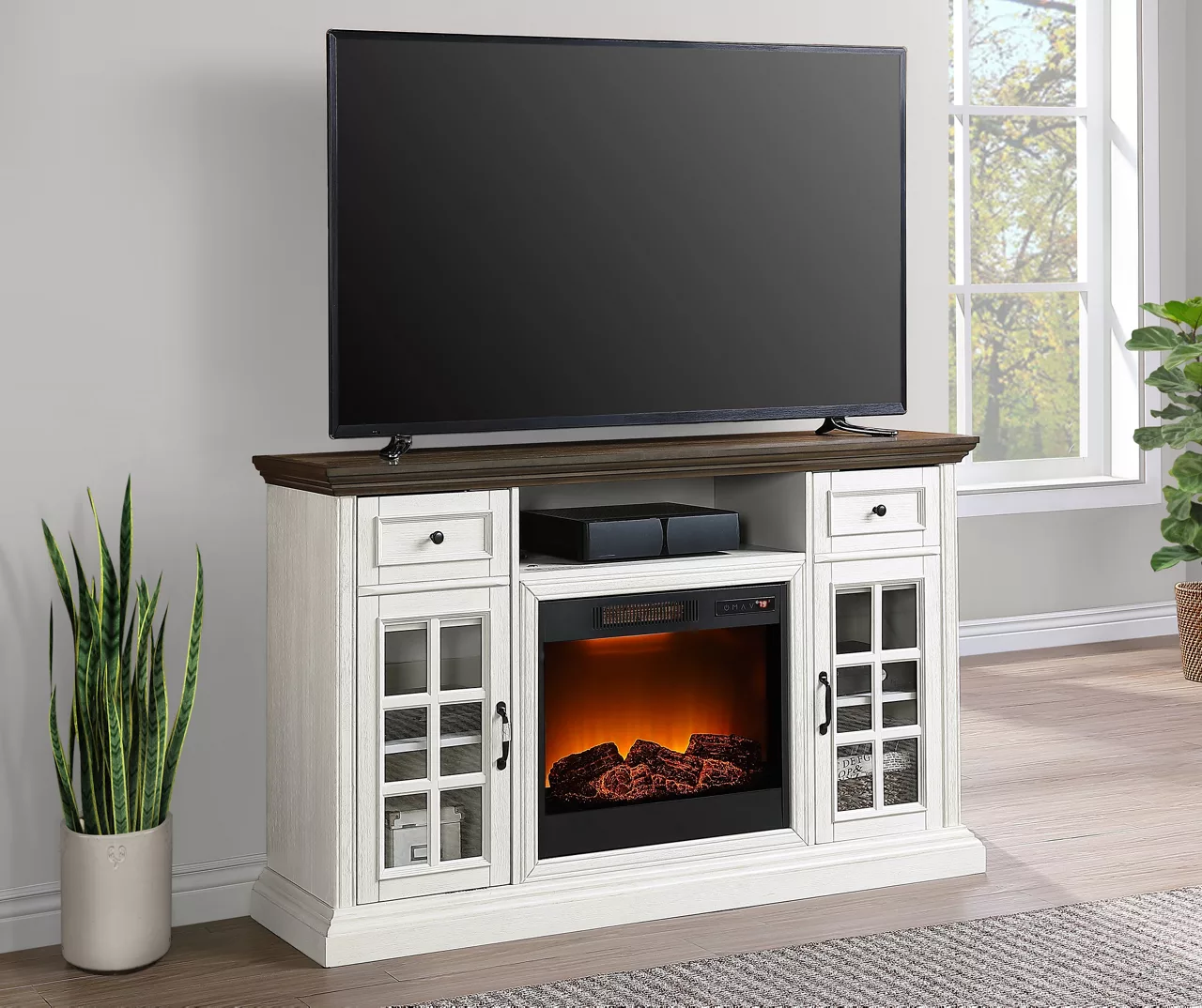 60" Brown & White Glass Door Fireplace Console 4 60" Brown & White Glass Door Fireplace Console - Image 4