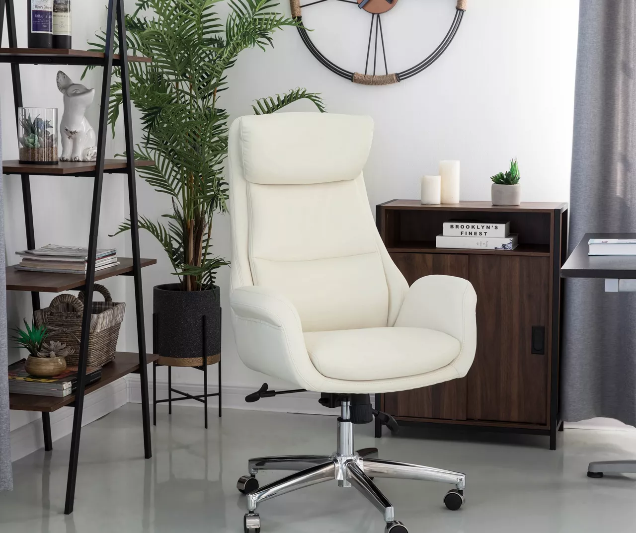 Cream Mid-Century Modern Faux Leather Executive Office Chair 2 Cream Mid-Century Modern Faux Leather Executive Office Chair - Image 2