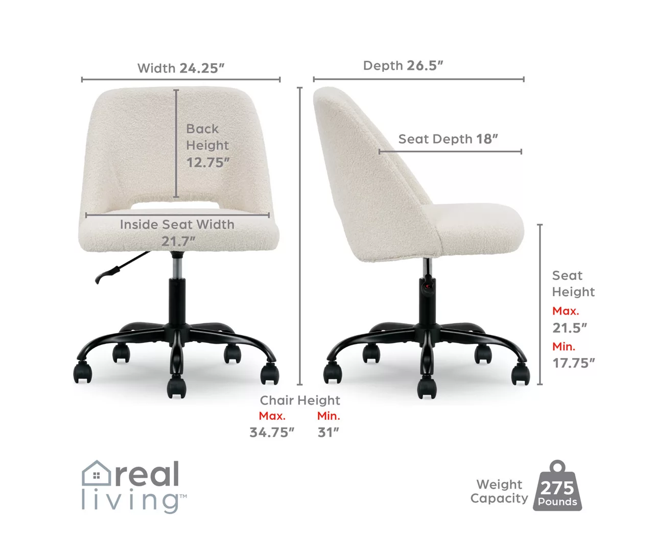 Cream Faux Wool Boucle Rolling Swivel Office Chair 12 Cream Faux Wool Boucle Rolling Swivel Office Chair - Image 12