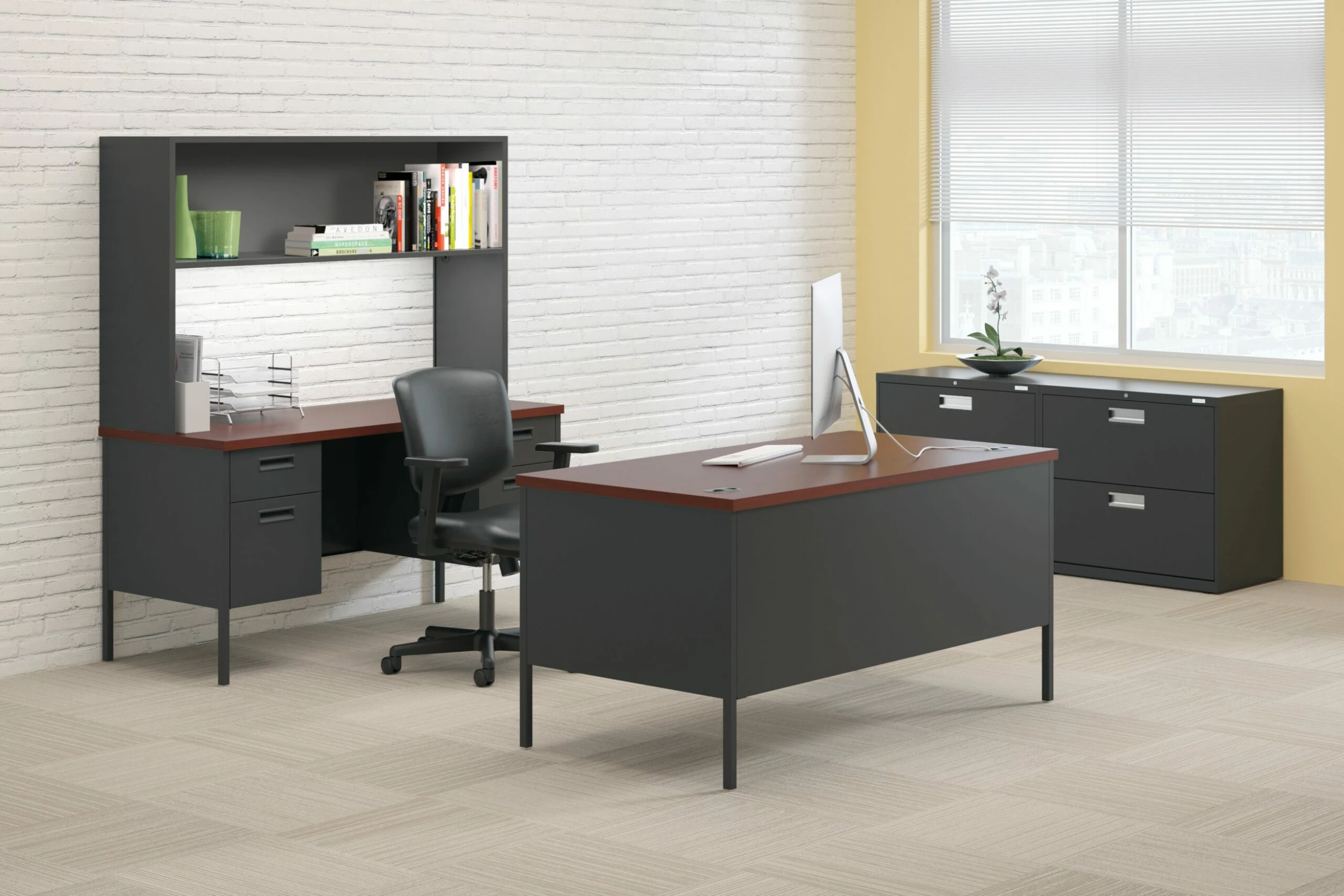 HON Metro Classic Double Pedestal Desk | 2 Box / 2 File Drawers | 60"W | Mahogany Laminate | Charcoal Finish 2 HON Metro Classic Double Pedestal Desk | 2 Box / 2 File Drawers | 60"W | Mahogany Laminate | Charcoal Finish - Image 2