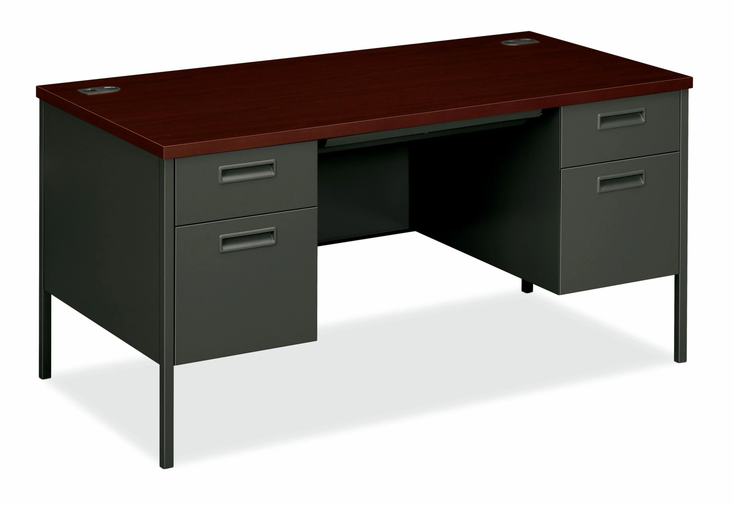 HON Metro Classic Double Pedestal Desk | 2 Box / 2 File Drawers | 60"W | Mahogany Laminate | Charcoal Finish 1 HON Metro Classic Double Pedestal Desk | 2 Box / 2 File Drawers | 60"W | Mahogany Laminate | Charcoal Finish