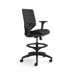 HON Solve Mid-Back Task Stool | Upholstered Charcoal ReActiv Back | Adjustable Lumbar | Black Frame | Ink Seat Fabric -DHP SHOP HON Solve HSLVSMU.Y1.A.H.0S.COMF10.COMP10.BL .SB .T 0060 001