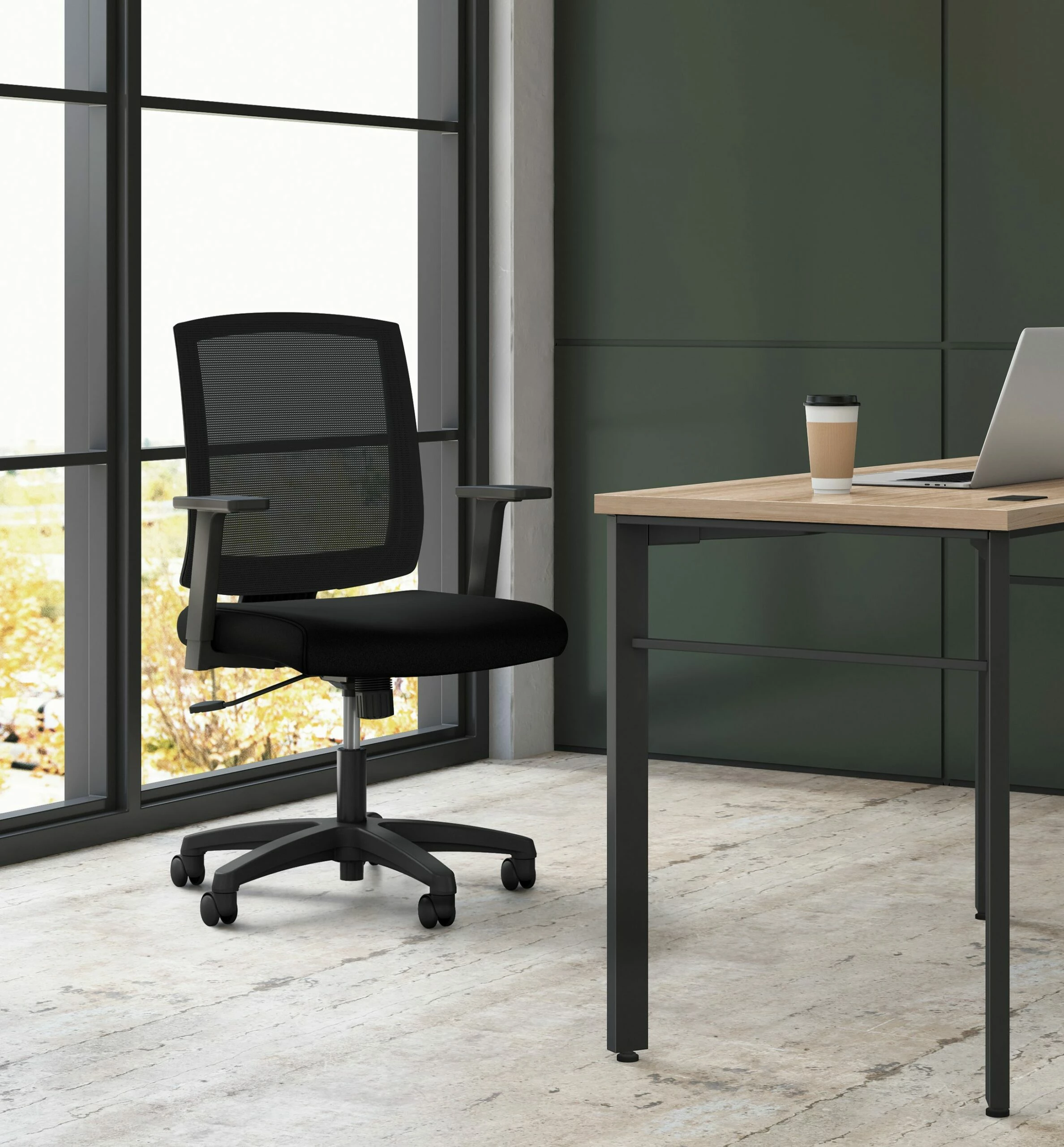 HON Mesh Mid-Back Task Chair | Center-Tilt, Tension, Lock | Fixed Arms | Black Mesh | Black Fabric 2 HON Mesh Mid-Back Task Chair | Center-Tilt, Tension, Lock | Fixed Arms | Black Mesh | Black Fabric - Image 2