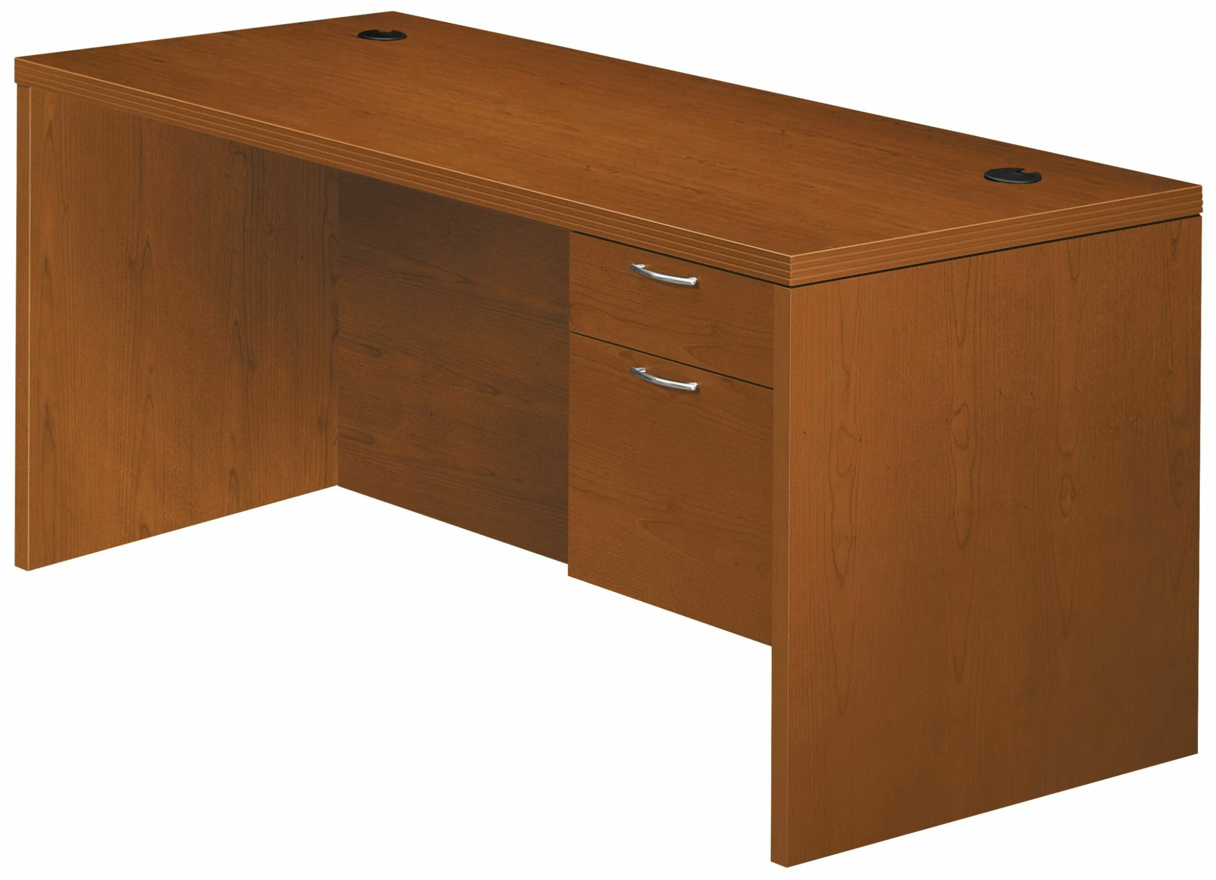 HON Valido Right Pedestal Desk | 1 Box / 1 Supply Drawer | 66"W | Satin Nickel Sweep Pull | Bourbon Cherry Finish 1 HON Valido Right Pedestal Desk | 1 Box / 1 Supply Drawer | 66"W | Satin Nickel Sweep Pull | Bourbon Cherry Finish