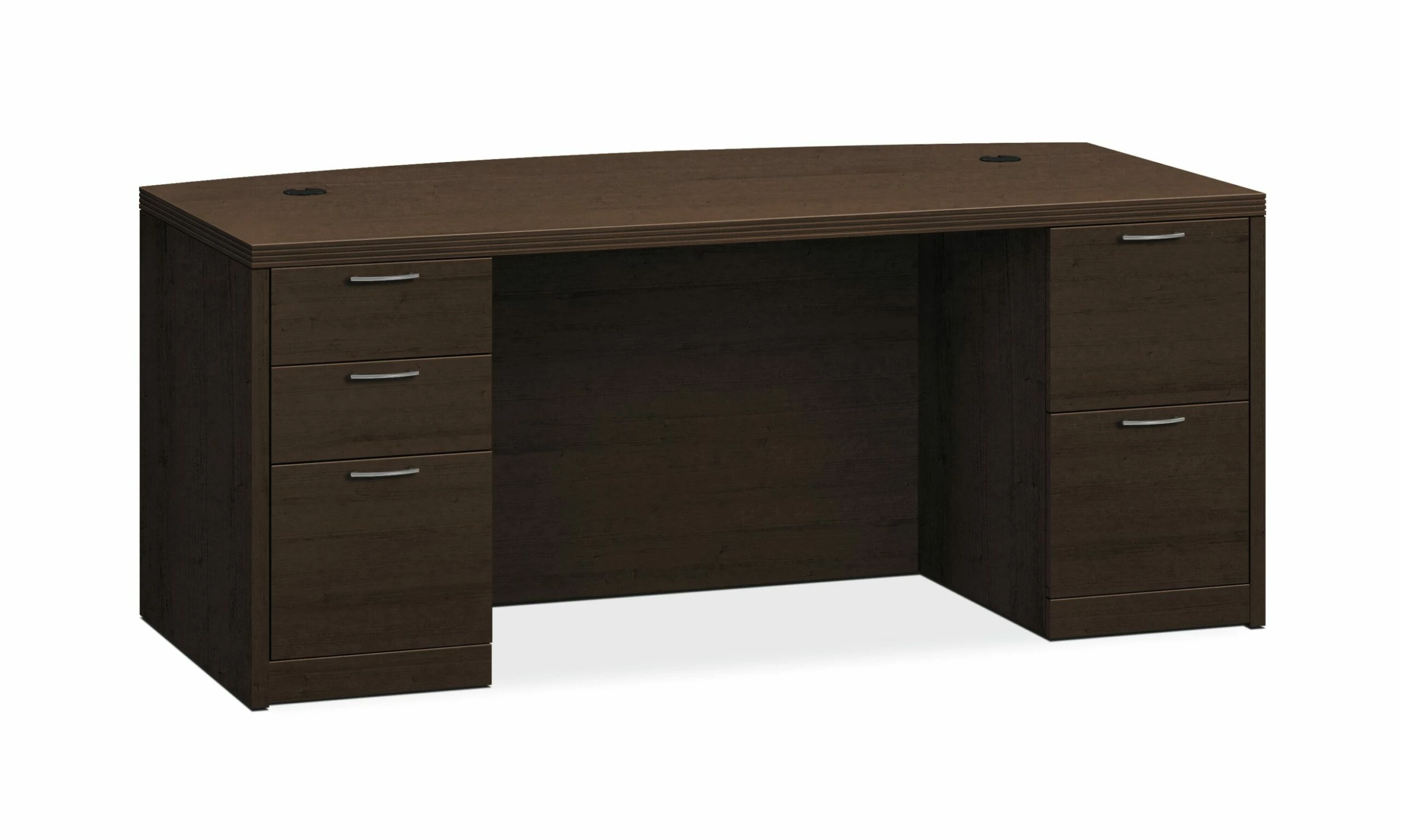 HON Valido Double Pedestal Desk | Bow Top | 2 Box / 3 File Drawers | 72"W | Satin Nickel Sweep Pull | Mocha Finish 1 HON Valido Double Pedestal Desk | Bow Top | 2 Box / 3 File Drawers | 72"W | Satin Nickel Sweep Pull | Mocha Finish